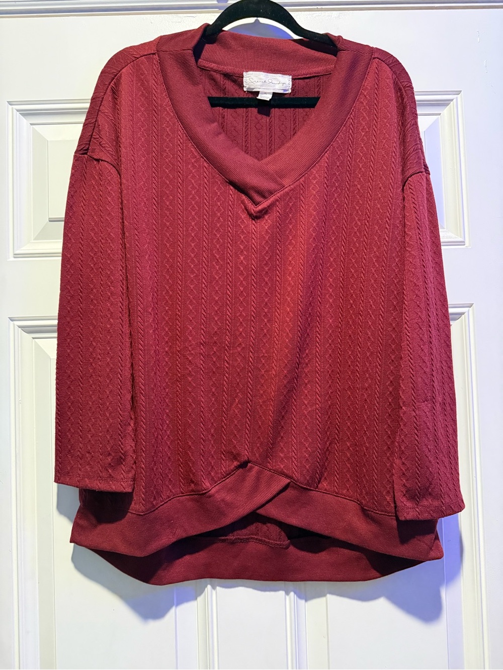 French Laundry Burgundy Cable Knit Sweater XL V-Neck Crossover Hem Top